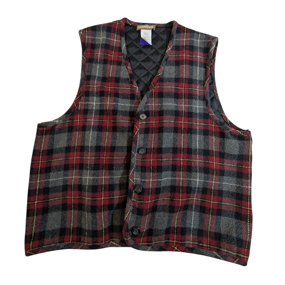 Landrover‎ Plaid Wool Blend Quilted Lined Button Vest – Red Gray Unisex L